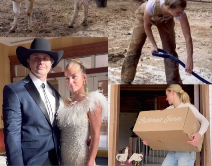 Ballerina trabajando en el campo, Ballerina y su esposo, Ballerina con una caja de productos ballerina farm